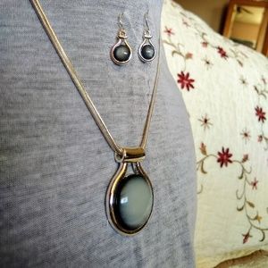 Silver tone necklace/earring set, dark grey stone